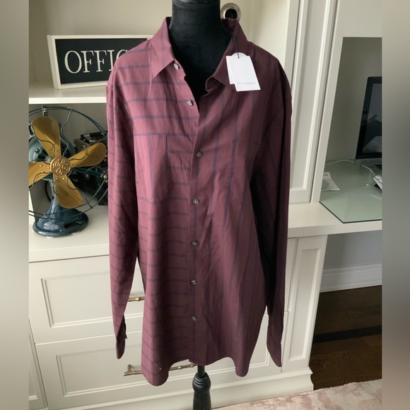 EN THREAD Men’s Burgundy Stripe Button Up Long Sleeve Shirt Size XL BRAND NEW - Picture 1 of 11